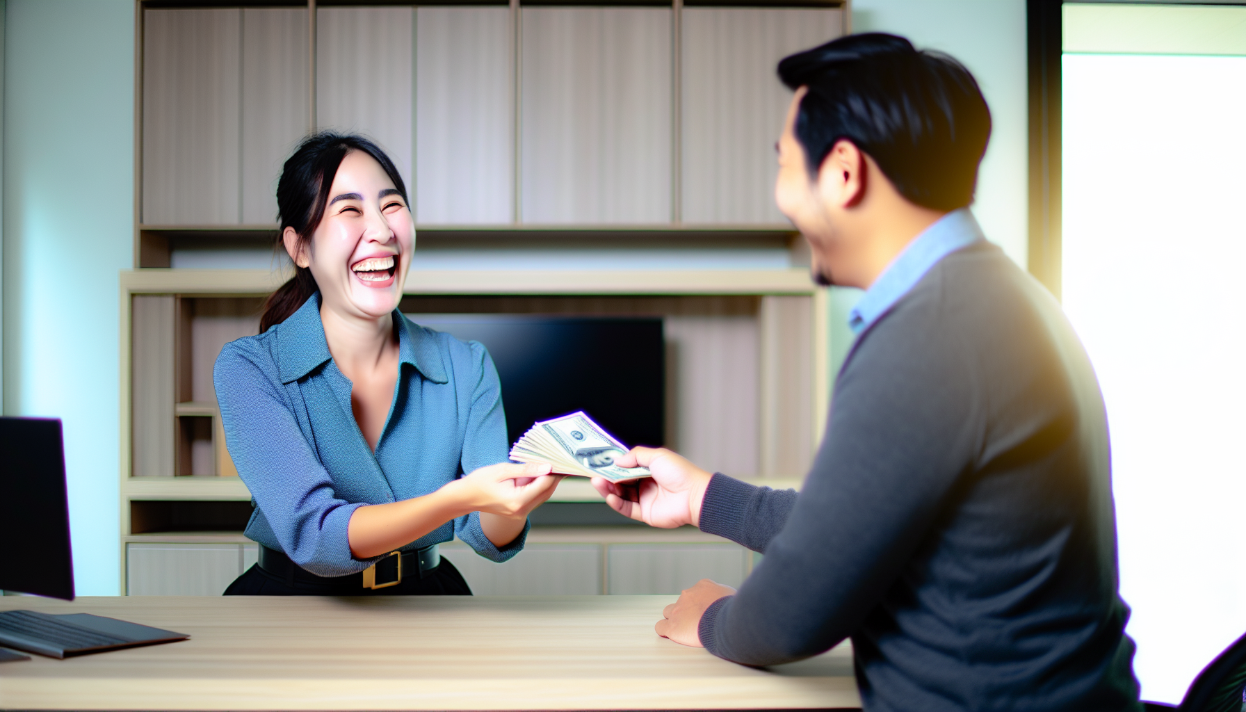 Happy seller receiving cash for house sale